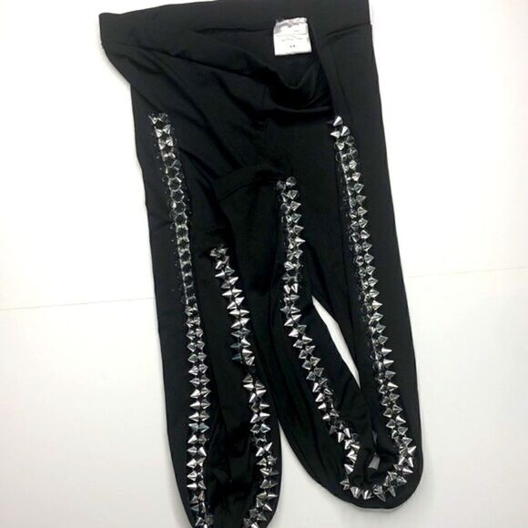 Silver Studded Black Leggings S/M Goth Clubwear Grunge Burlesque - Picture 10 of 11
